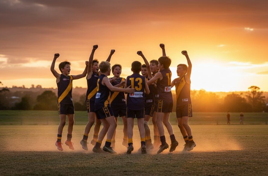Dynamic wide-angle photograph capturing the winning goal celebration at a Leongatha junior football grand final photography match, with players in team colours embracing under dramatic sunset light, showing pure joy and triumph on the Leongatha Recreation Reserve oval.