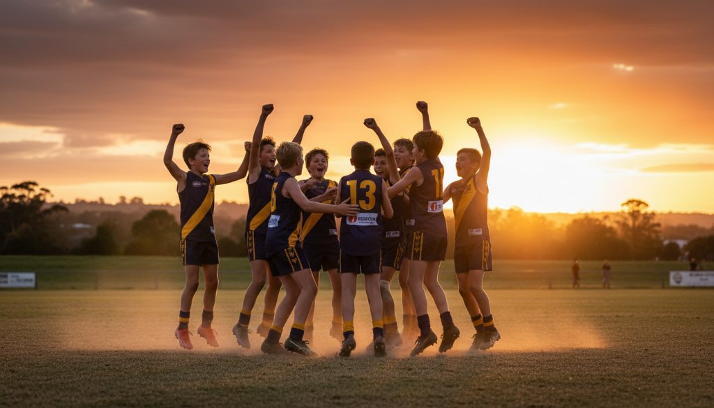 Dynamic wide-angle photograph capturing the winning goal celebration at a Leongatha junior football grand final photography match, with players in team colours embracing under dramatic sunset light, showing pure joy and triumph on the Leongatha Recreation Reserve oval.