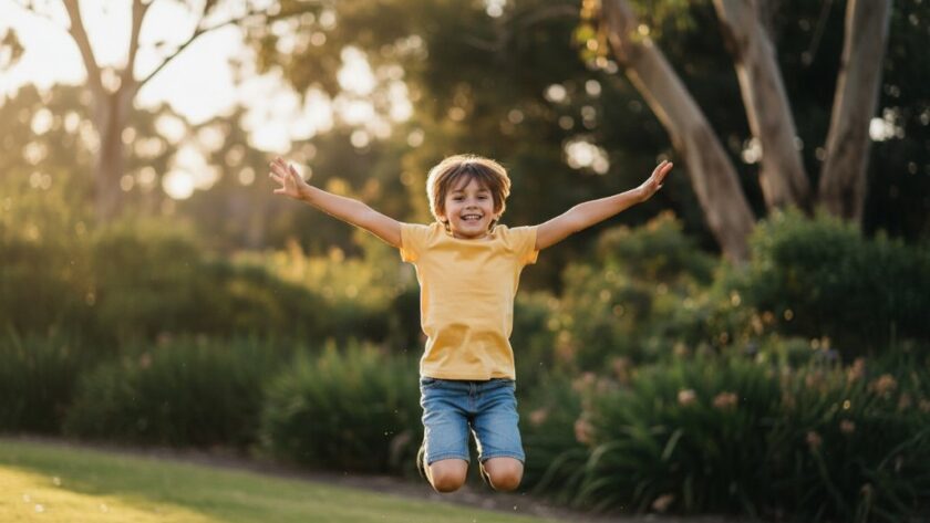 An epic moment of a child laughing joyfully, mid-jump, against the vibrant green backdrop of the Leongatha Hoddle Street park at sunset, captured with professional dramatic lighting and warm colour grading, showcasing Leongatha kids photography capturing genuine joy.
