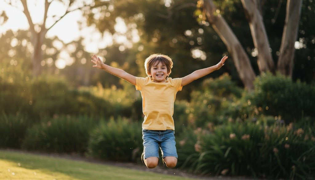 An epic moment of a child laughing joyfully, mid-jump, against the vibrant green backdrop of the Leongatha Hoddle Street park at sunset, captured with professional dramatic lighting and warm colour grading, showcasing Leongatha kids photography capturing genuine joy.
