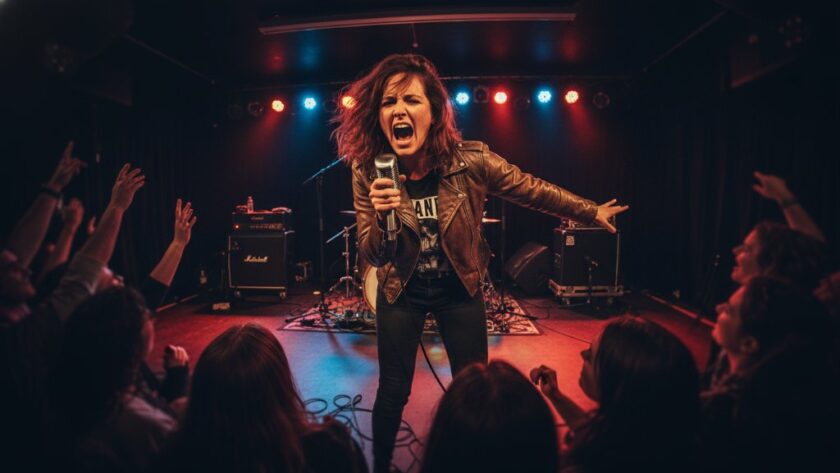Dynamic wide-angle shot capturing Leongatha live gig photography vibrant moments at a packed local venue, featuring a lead singer mid-performance bathed in dramatic stage lights, with ecstatic crowd hands raised in the foreground, professional colour grading.