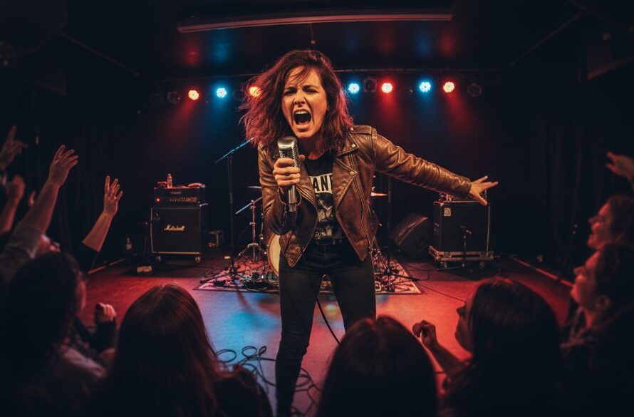 Dynamic wide-angle shot capturing Leongatha live gig photography vibrant moments at a packed local venue, featuring a lead singer mid-performance bathed in dramatic stage lights, with ecstatic crowd hands raised in the foreground, professional colour grading.