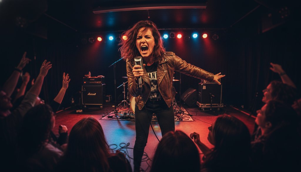 Dynamic wide-angle shot capturing Leongatha live gig photography vibrant moments at a packed local venue, featuring a lead singer mid-performance bathed in dramatic stage lights, with ecstatic crowd hands raised in the foreground, professional colour grading.