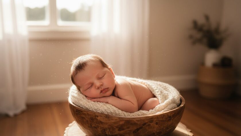 An artistic shot showcasing Leongatha newborn photography with natural light, featuring a serene baby peacefully sleeping wrapped in a soft, knitted blanket in a rustic wooden basket, illuminated by soft golden light filtering through a window, set in a cozy Leongatha home, conveying warmth, innocence, and new life. Professional photography, dramatic lighting, rich colours.