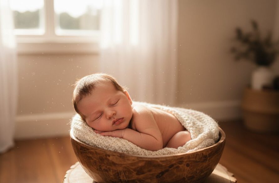 An artistic shot showcasing Leongatha newborn photography with natural light, featuring a serene baby peacefully sleeping wrapped in a soft, knitted blanket in a rustic wooden basket, illuminated by soft golden light filtering through a window, set in a cozy Leongatha home, conveying warmth, innocence, and new life. Professional photography, dramatic lighting, rich colours.