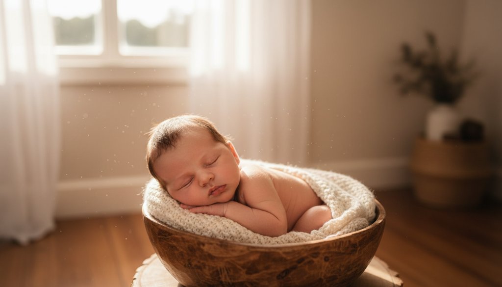 An artistic shot showcasing Leongatha newborn photography with natural light, featuring a serene baby peacefully sleeping wrapped in a soft, knitted blanket in a rustic wooden basket, illuminated by soft golden light filtering through a window, set in a cozy Leongatha home, conveying warmth, innocence, and new life. Professional photography, dramatic lighting, rich colours.