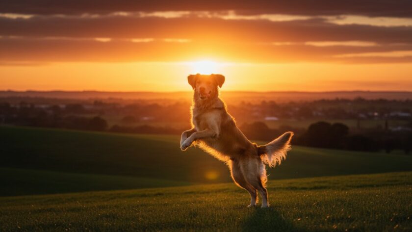 A golden retriever joyfully bounding through a sun-drenched field near Leongatha, its fur glistening, with the rolling hills of rural Victoria in the background, perfectly illustrating Leongatha outdoor pet photography capturing cherished moments.
