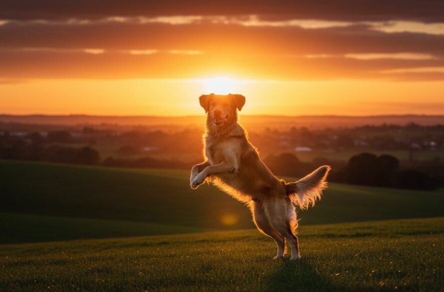 A golden retriever joyfully bounding through a sun-drenched field near Leongatha, its fur glistening, with the rolling hills of rural Victoria in the background, perfectly illustrating Leongatha outdoor pet photography capturing cherished moments.
