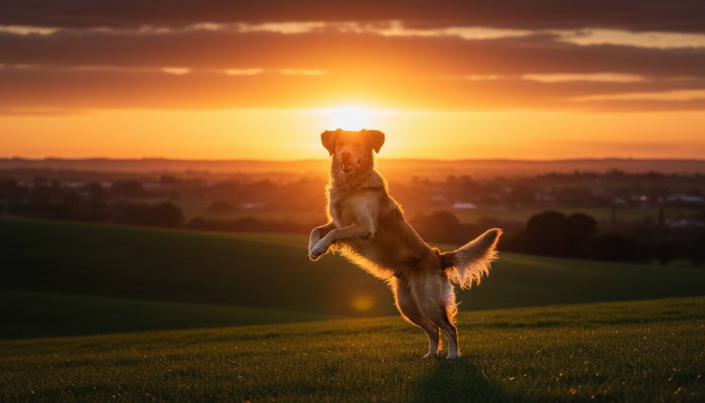 A golden retriever joyfully bounding through a sun-drenched field near Leongatha, its fur glistening, with the rolling hills of rural Victoria in the background, perfectly illustrating Leongatha outdoor pet photography capturing cherished moments.