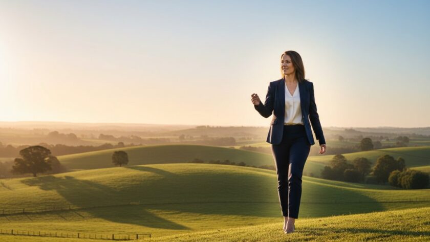 Dramatic, cinematic photograph featuring a confident business leader at sunrise overlooking the scenic, rolling green hills of Leongatha, Victoria, embodying success and vision, captured for Leongatha professional corporate headshots.