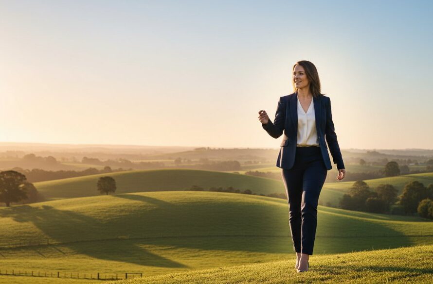 Dramatic, cinematic photograph featuring a confident business leader at sunrise overlooking the scenic, rolling green hills of Leongatha, Victoria, embodying success and vision, captured for Leongatha professional corporate headshots.
