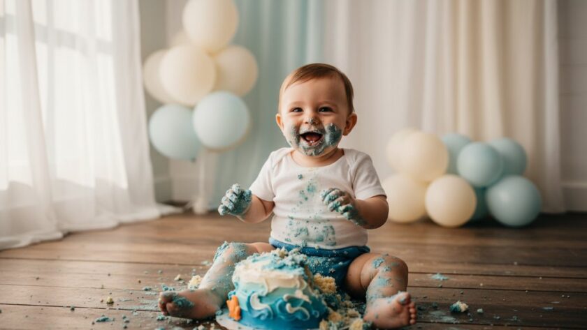 An epic moment captured during a joyful Leongatha Victoria cake smash photography session, featuring a baby gleefully covered in cake, surrounded by vibrant decorations, with dramatic, soft natural light highlighting their expression and the sweet mess, embodying pure, unadulterated first birthday fun.