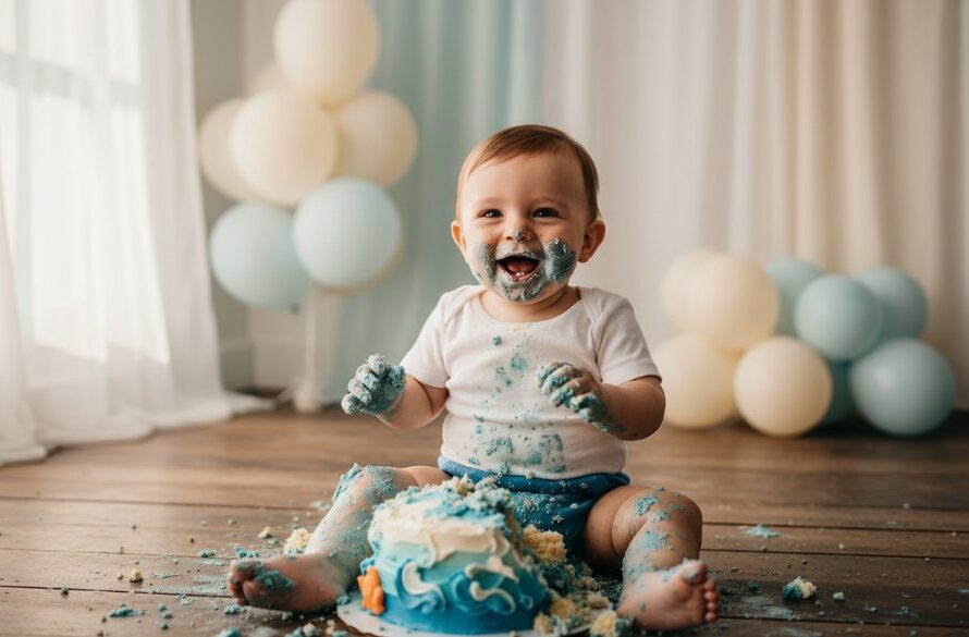 An epic moment captured during a joyful Leongatha Victoria cake smash photography session, featuring a baby gleefully covered in cake, surrounded by vibrant decorations, with dramatic, soft natural light highlighting their expression and the sweet mess, embodying pure, unadulterated first birthday fun.