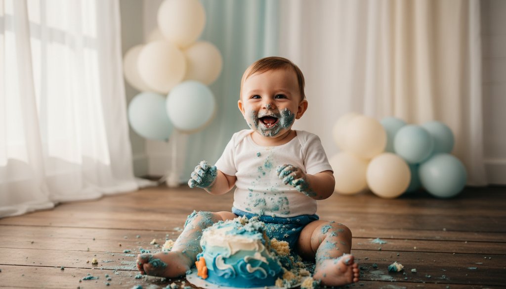 An epic moment captured during a joyful Leongatha Victoria cake smash photography session, featuring a baby gleefully covered in cake, surrounded by vibrant decorations, with dramatic, soft natural light highlighting their expression and the sweet mess, embodying pure, unadulterated first birthday fun.