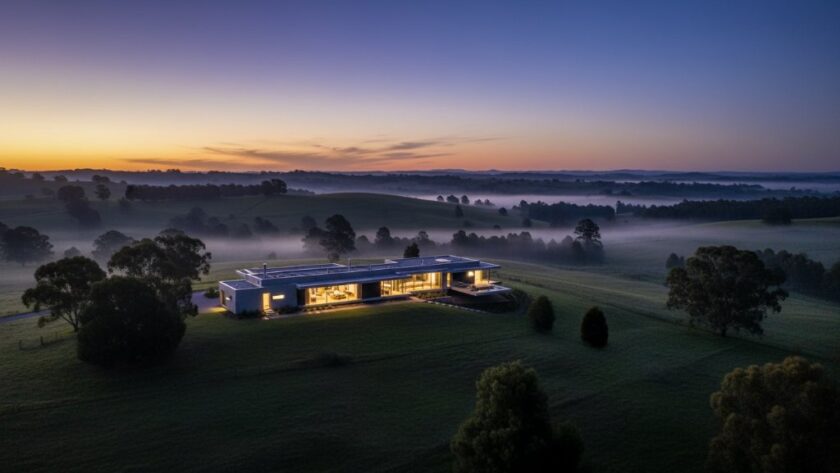 An aerial long exposure shot capturing a stunning Leongatha luxury home at twilight, showcasing its illuminated gardens and modern architecture, highlighting Leongatha Victoria real estate photography for premium property listings.