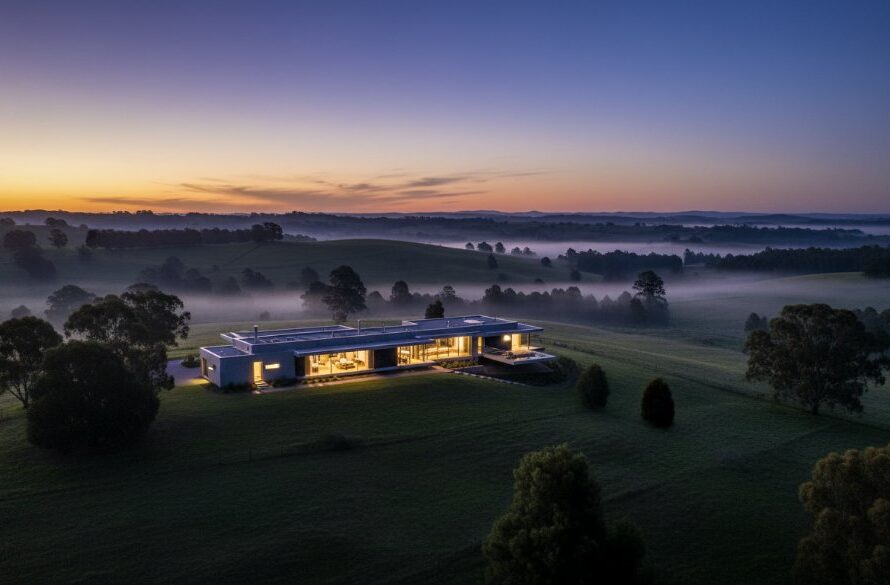 An aerial long exposure shot capturing a stunning Leongatha luxury home at twilight, showcasing its illuminated gardens and modern architecture, highlighting Leongatha Victoria real estate photography for premium property listings.