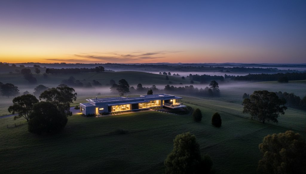 An aerial long exposure shot capturing a stunning Leongatha luxury home at twilight, showcasing its illuminated gardens and modern architecture, highlighting Leongatha Victoria real estate photography for premium property listings.