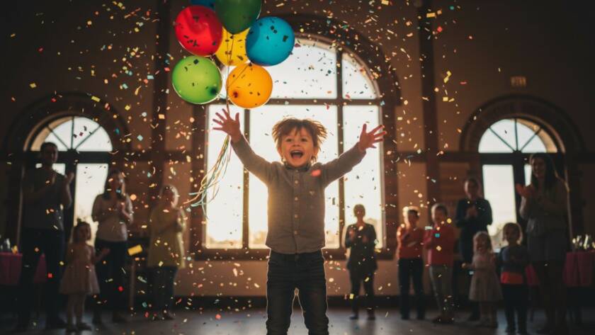 An ecstatic child mid-air, surrounded by colourful balloons and confetti, perfectly captured with professional lighting, embodying lively birthday party photography in Sunshine West Victoria.