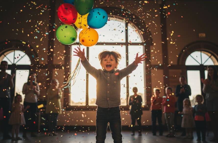 An ecstatic child mid-air, surrounded by colourful balloons and confetti, perfectly captured with professional lighting, embodying lively birthday party photography in Sunshine West Victoria.