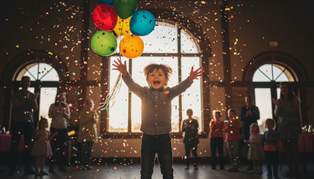 An ecstatic child mid-air, surrounded by colourful balloons and confetti, perfectly captured with professional lighting, embodying lively birthday party photography in Sunshine West Victoria.