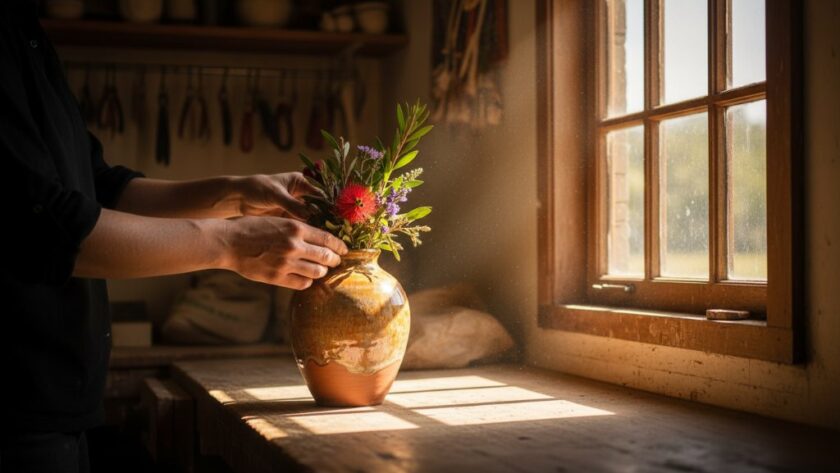 Dramatic studio shot of beautifully arranged artisan candles from Sebastopol, Victoria, showcasing local bespoke product photography Sebastopol Victoria, with soft, golden light highlighting their intricate details and textures on a rustic wooden surface, creating a warm and inviting atmosphere.