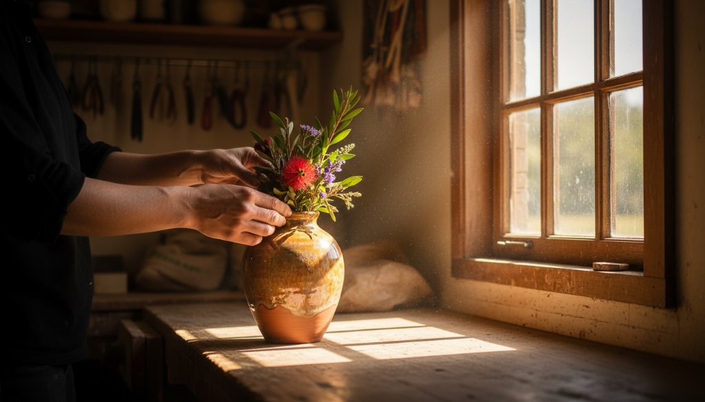 Dramatic studio shot of beautifully arranged artisan candles from Sebastopol, Victoria, showcasing local bespoke product photography Sebastopol Victoria, with soft, golden light highlighting their intricate details and textures on a rustic wooden surface, creating a warm and inviting atmosphere.
