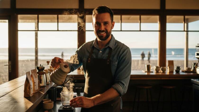 Dramatic, high-impact Local Bonbeach Commercial Photography for Marketing Impact, showing a local business owner passionately presenting their product against a stunning, sun-drenched Bonbeach coastline backdrop at sunrise, capturing an epic moment of brand essence.