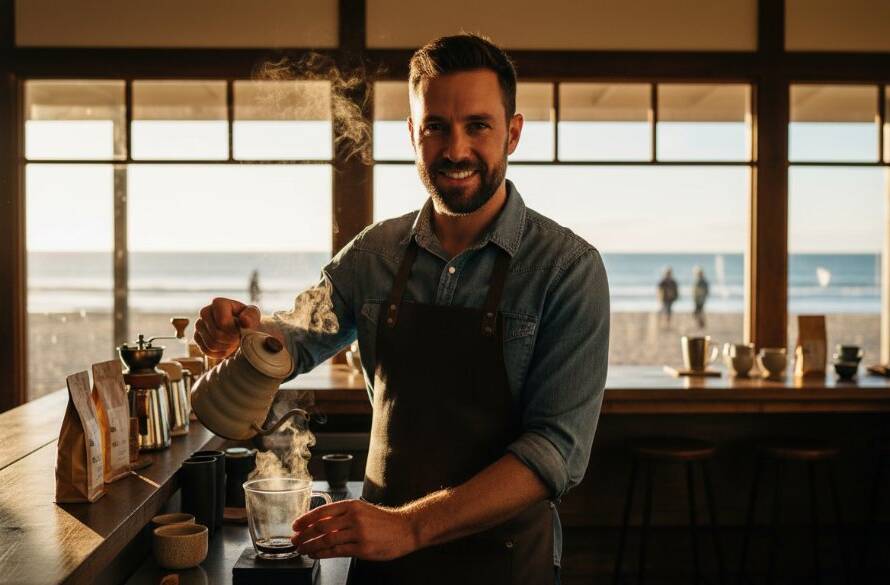 Dramatic, high-impact Local Bonbeach Commercial Photography for Marketing Impact, showing a local business owner passionately presenting their product against a stunning, sun-drenched Bonbeach coastline backdrop at sunrise, capturing an epic moment of brand essence.