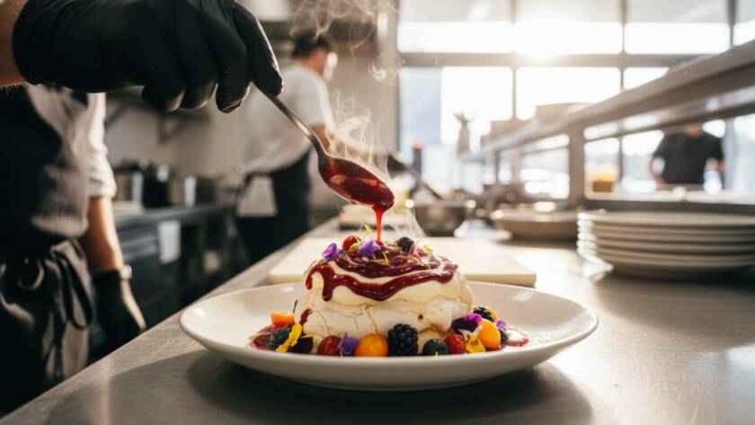 An exquisite, professionally colour-graded photograph showcasing the vibrant plating of a gourmet brunch dish, perfectly captured through Local Frankston cafe food photography for vibrant menus, with the warm morning light streaming onto a rustic wooden table in a bustling Frankston cafe, highlighting fresh ingredients and tantalising textures.