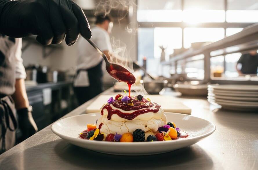An exquisite, professionally colour-graded photograph showcasing the vibrant plating of a gourmet brunch dish, perfectly captured through Local Frankston cafe food photography for vibrant menus, with the warm morning light streaming onto a rustic wooden table in a bustling Frankston cafe, highlighting fresh ingredients and tantalising textures.