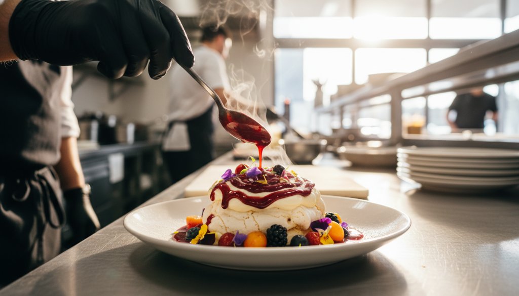 An exquisite, professionally colour-graded photograph showcasing the vibrant plating of a gourmet brunch dish, perfectly captured through Local Frankston cafe food photography for vibrant menus, with the warm morning light streaming onto a rustic wooden table in a bustling Frankston cafe, highlighting fresh ingredients and tantalising textures.
