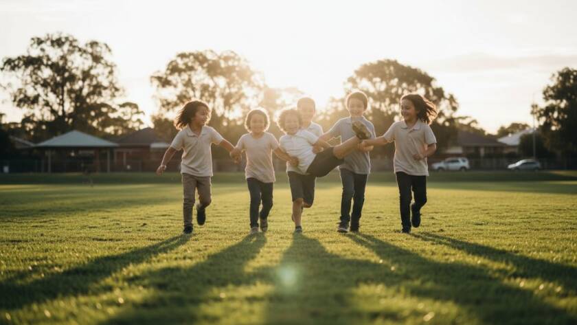 An inspiring and vibrant wide-angle shot of a group of diverse primary school children from Murrumbeena, joyfully running towards the camera on a sunny school oval, with genuine smiles and laughter, perfectly illustrating exceptional Local Murrumbeena school photography for authentic portraits by Image by SD, captured with dramatic, golden hour backlighting and a shallow depth of field, conveying a sense of freedom and youthful energy.