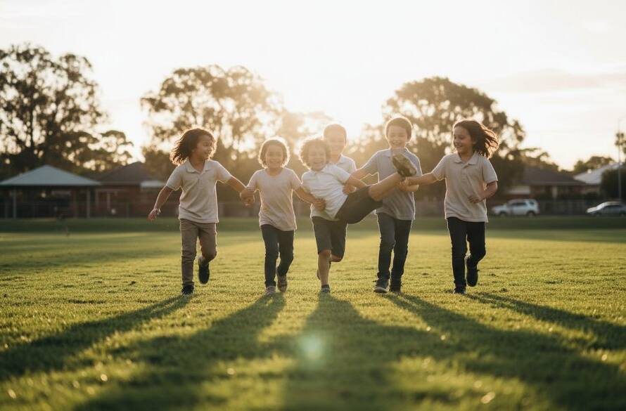 An inspiring and vibrant wide-angle shot of a group of diverse primary school children from Murrumbeena, joyfully running towards the camera on a sunny school oval, with genuine smiles and laughter, perfectly illustrating exceptional Local Murrumbeena school photography for authentic portraits by Image by SD, captured with dramatic, golden hour backlighting and a shallow depth of field, conveying a sense of freedom and youthful energy.