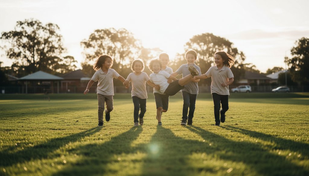 An inspiring and vibrant wide-angle shot of a group of diverse primary school children from Murrumbeena, joyfully running towards the camera on a sunny school oval, with genuine smiles and laughter, perfectly illustrating exceptional Local Murrumbeena school photography for authentic portraits by Image by SD, captured with dramatic, golden hour backlighting and a shallow depth of field, conveying a sense of freedom and youthful energy.