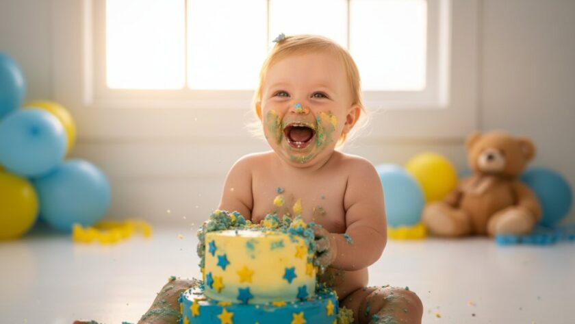 An epic moment of pure joy captured during a Lucas VIC first birthday cake smash photography session, featuring a toddler enthusiastically smashing a colourful cake, with frosting all over their face and hands, against a beautifully decorated, softly lit backdrop, showcasing delightful chaos and celebration.