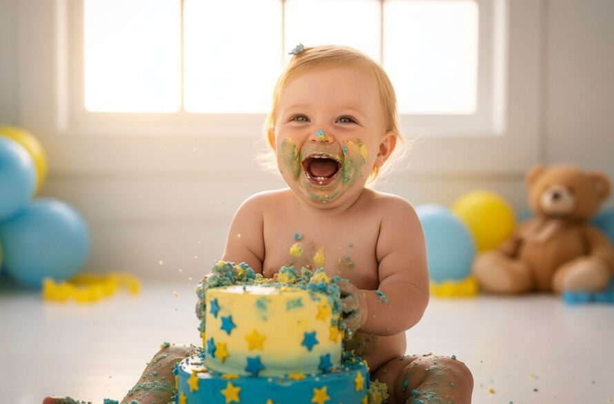 An epic moment of pure joy captured during a Lucas VIC first birthday cake smash photography session, featuring a toddler enthusiastically smashing a colourful cake, with frosting all over their face and hands, against a beautifully decorated, softly lit backdrop, showcasing delightful chaos and celebration.