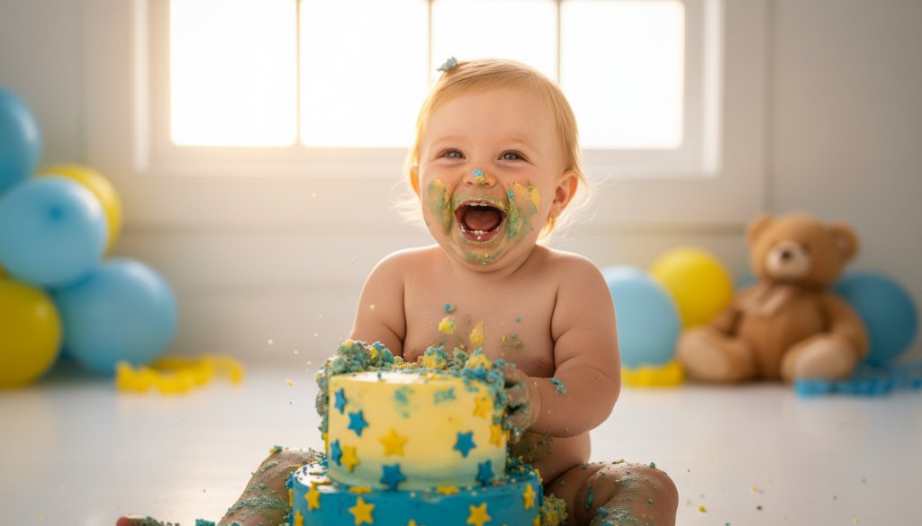 An epic moment of pure joy captured during a Lucas VIC first birthday cake smash photography session, featuring a toddler enthusiastically smashing a colourful cake, with frosting all over their face and hands, against a beautifully decorated, softly lit backdrop, showcasing delightful chaos and celebration.
