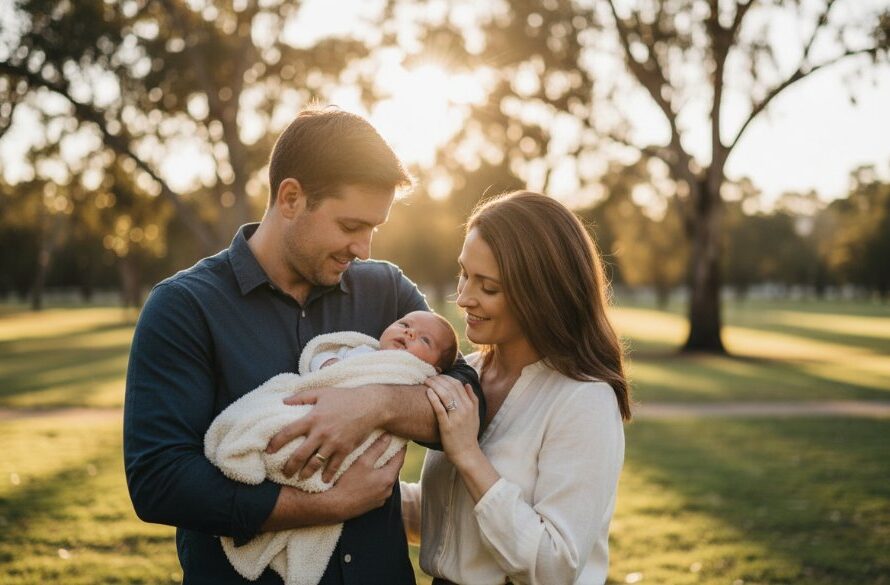 A heartwarming Lucas Victoria baby photography candid family portraits scene, showing parents gently holding their newborn against a soft, sunlit backdrop, evoking genuine love and tender connection in a professionally colour-graded, cinematic style.