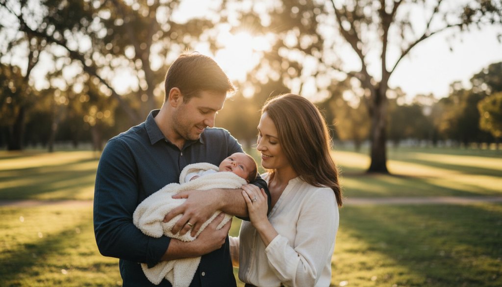 A heartwarming Lucas Victoria baby photography candid family portraits scene, showing parents gently holding their newborn against a soft, sunlit backdrop, evoking genuine love and tender connection in a professionally colour-graded, cinematic style.