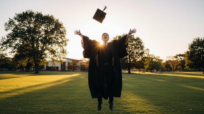An ecstatic graduate in academic regalia, captured in an epic, sun-kissed moment after their ceremony at a picturesque park in Lucas, Victoria, celebrating their Lucas Victoria bespoke graduation photography.