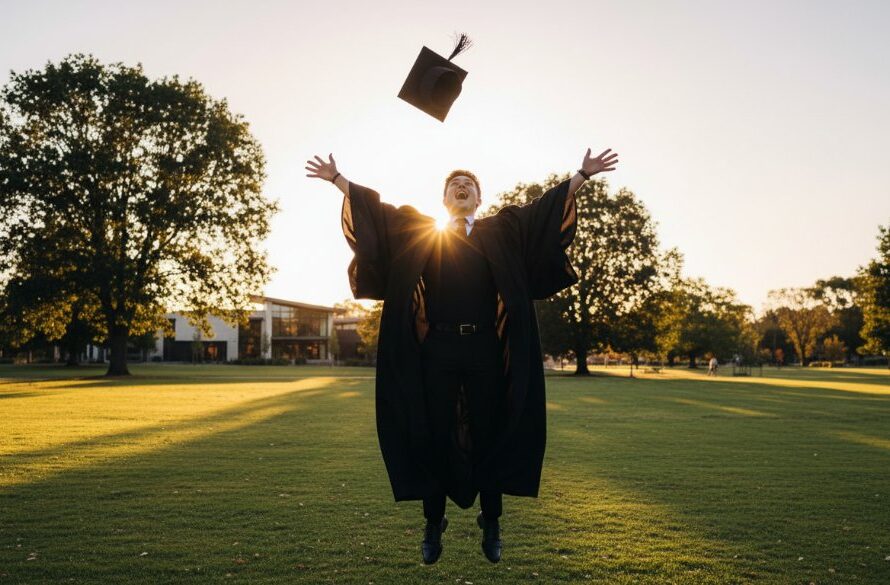 An ecstatic graduate in academic regalia, captured in an epic, sun-kissed moment after their ceremony at a picturesque park in Lucas, Victoria, celebrating their Lucas Victoria bespoke graduation photography.