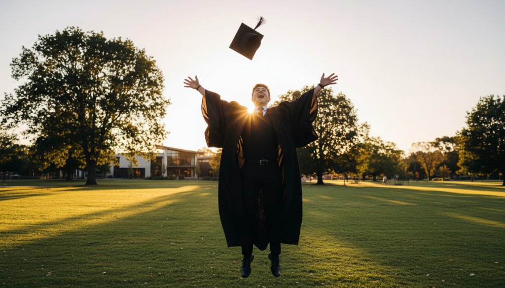 An ecstatic graduate in academic regalia, captured in an epic, sun-kissed moment after their ceremony at a picturesque park in Lucas, Victoria, celebrating their Lucas Victoria bespoke graduation photography.