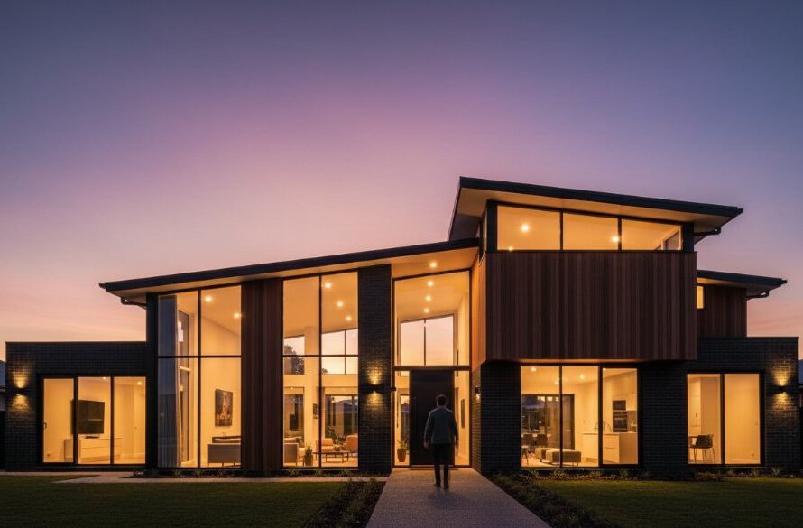 Dramatic wide-angle shot showcasing the intricate facade of a modern architectural home in Lucas, Victoria, captured during golden hour, highlighting Lucas Victoria captivating architectural photography with warm, rich tones and sharp details.