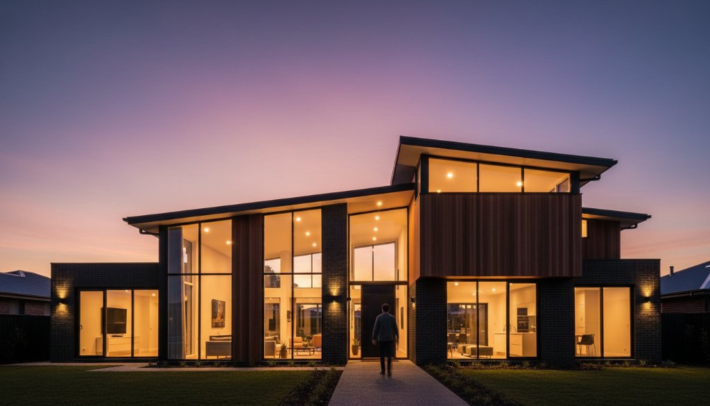 Dramatic wide-angle shot showcasing the intricate facade of a modern architectural home in Lucas, Victoria, captured during golden hour, highlighting Lucas Victoria captivating architectural photography with warm, rich tones and sharp details.