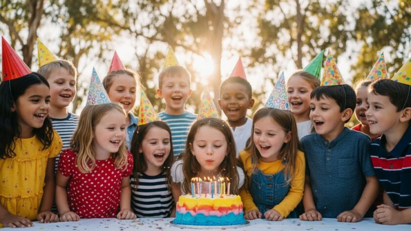 Dynamic, wide-angle shot of a group of children laughing and interacting joyfully at a vibrant outdoor birthday party in a Lucas, Victoria park, expertly captured by a Lucas Victoria Children's Party Photography specialist with dramatic, sunlit highlights.