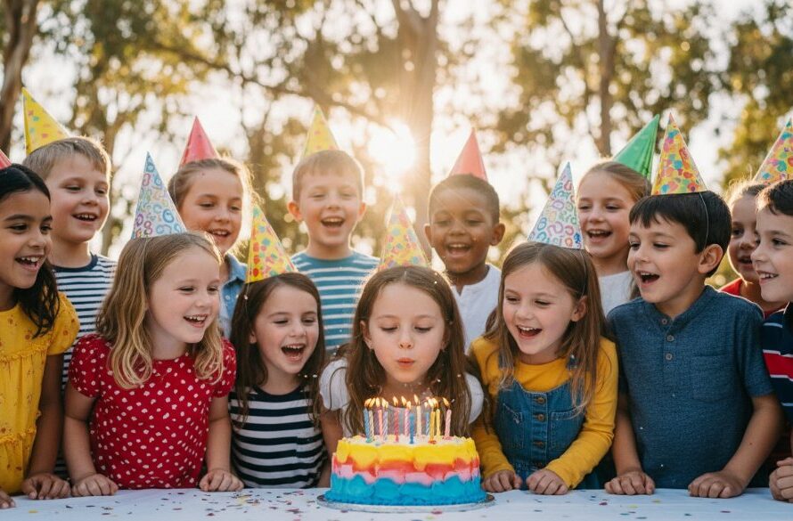 Dynamic, wide-angle shot of a group of children laughing and interacting joyfully at a vibrant outdoor birthday party in a Lucas, Victoria park, expertly captured by a Lucas Victoria Children's Party Photography specialist with dramatic, sunlit highlights.