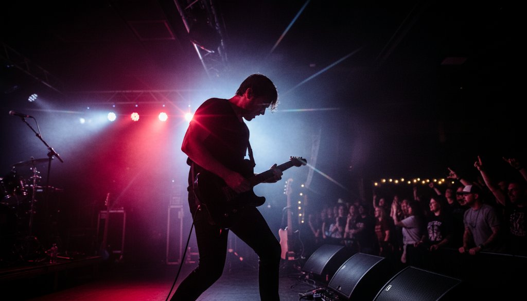 A dynamic and colour-rich photograph capturing an epic moment of a lead singer performing on stage under dramatic spotlights during Lucas Victoria concert photography epic moments, audience blurred in the background, conveying intense energy and passion.