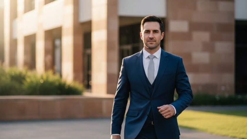 A dynamic, high-impact photograph of a confident business professional in Lucas, Victoria, showcasing the quality of Lucas Victoria corporate headshots for local professionals, with modern architecture and natural light creating a powerful, epic moment portrait.