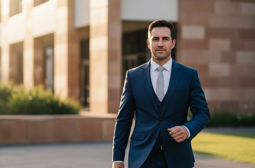 A dynamic, high-impact photograph of a confident business professional in Lucas, Victoria, showcasing the quality of Lucas Victoria corporate headshots for local professionals, with modern architecture and natural light creating a powerful, epic moment portrait.