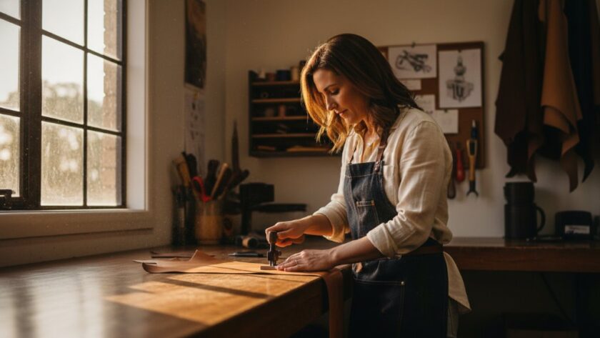 A dynamic, wide-angle shot capturing the essence of Lucas Victoria editorial photography brand stories, featuring a local artisan showcasing their craft in a sun-drenched workshop, with dramatic natural light highlighting their focused expression and the intricate details of their work, conveying passion and authenticity.